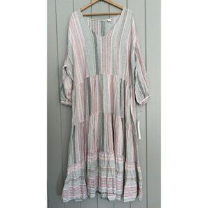 NWT Caslon Dress 3X Linen Blend Stripe Pink Green Pastel V-Neck Long Sleeves NEW